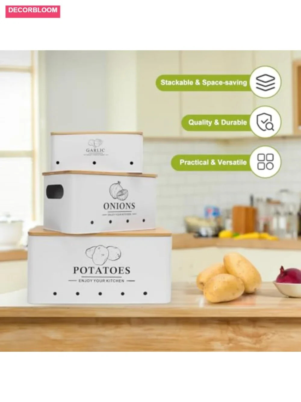Kitchen Vegetable Storage Set of 3 | Metal Onion Garlic Potato Keeper with